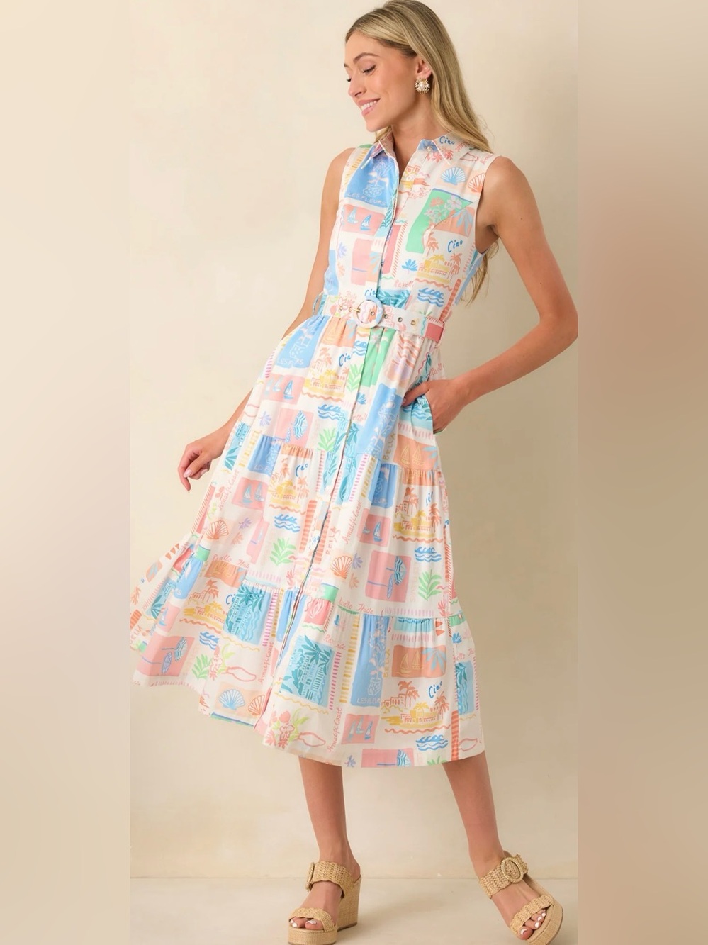 Sleeveless Pastel Print Midi Dress with Belt